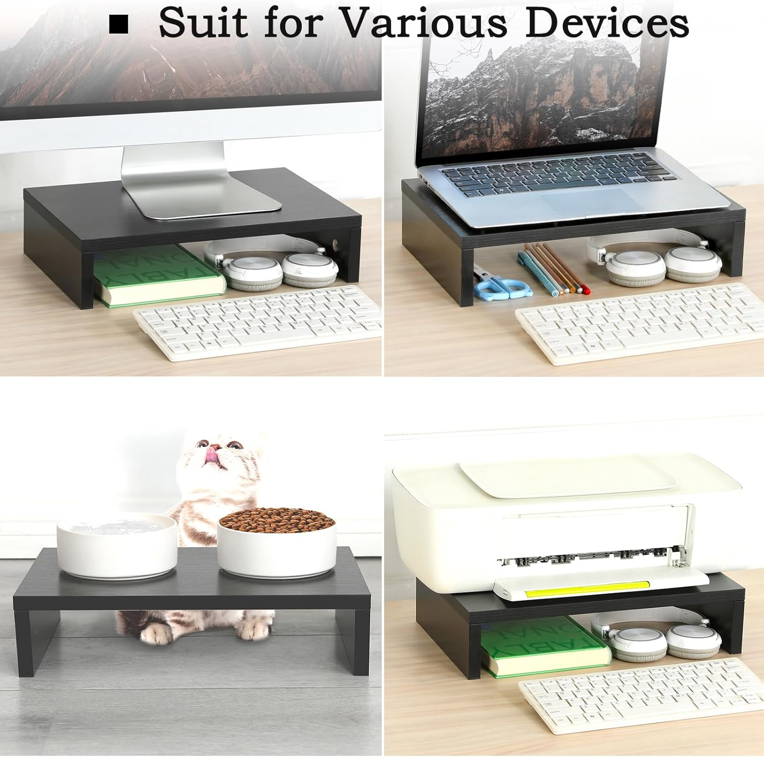 TEAMIX Wood Monitor Stand Riser-2 Pack, 2 Tier Adjustable Monitor Stand Dual Monitor Riser for 2 Monitors/Laptop/PC Black Computer Stand for Desk